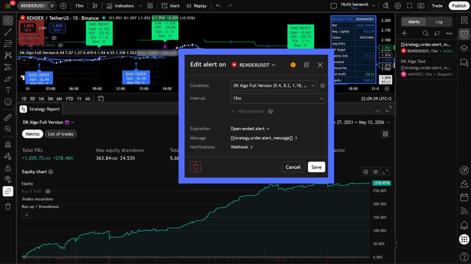 TradingView strategy alert Settings tab: symbol, Same as chart interval, and DK Algo strategy condition